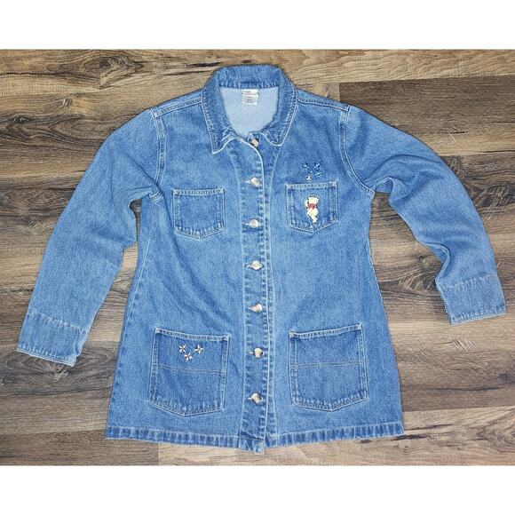 Vintage Disney Winnie the Pooh Embroidered Long Denim Jacket Women’s Size Large - Picture 1 of 16